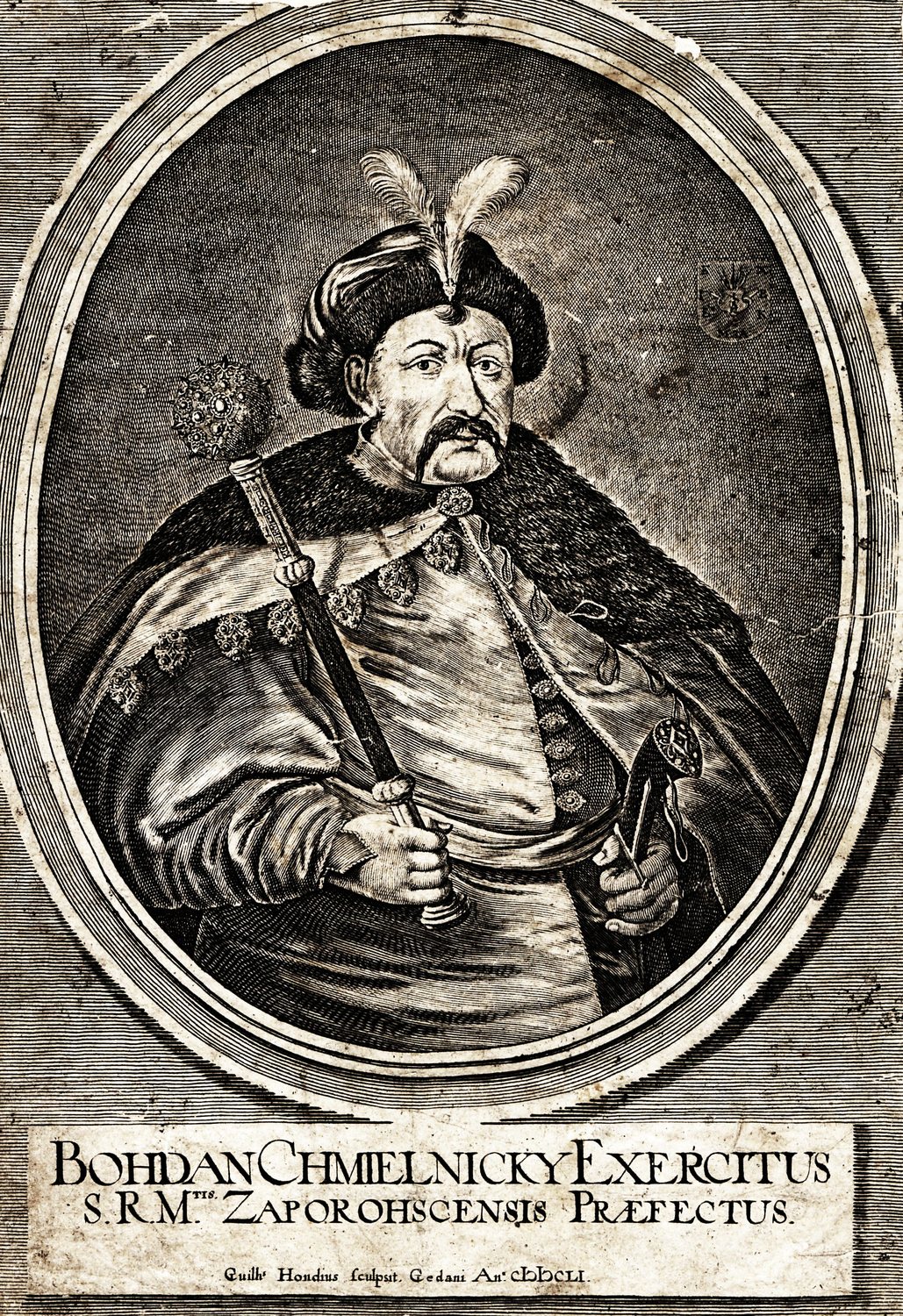 Engraved oval portrait of Bohdan Khmelnytsky in a fur hat holding a mace