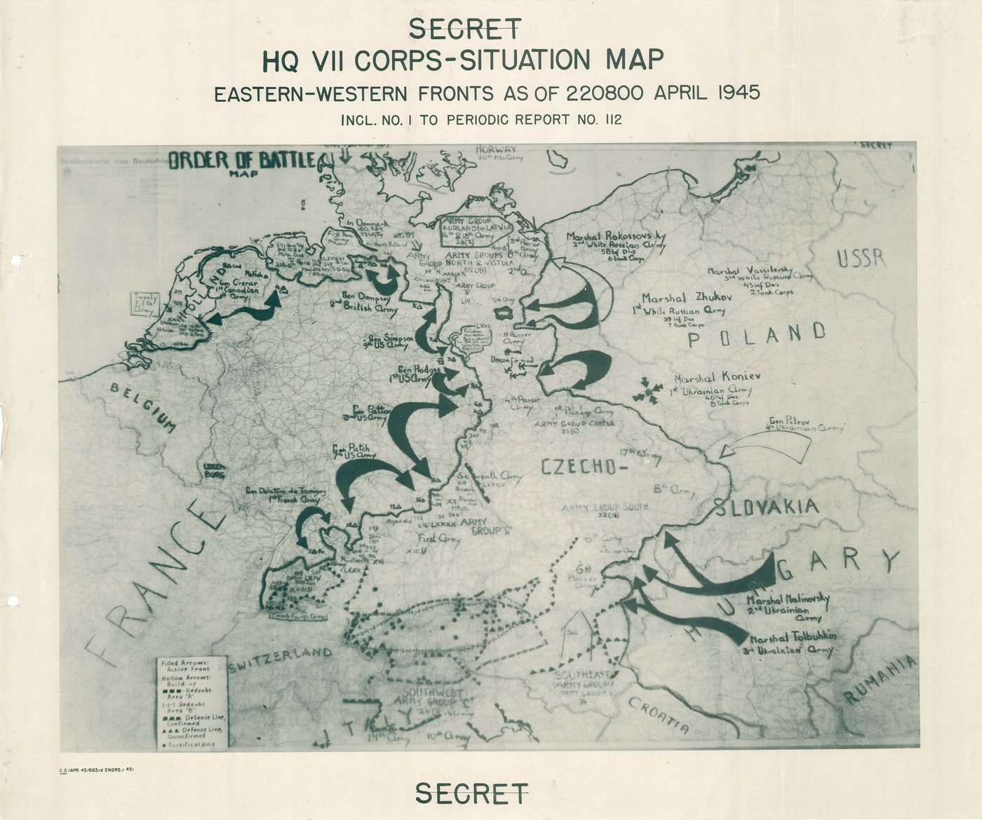 Hand-drawn 1945 situation map with arrows converging on Berlin