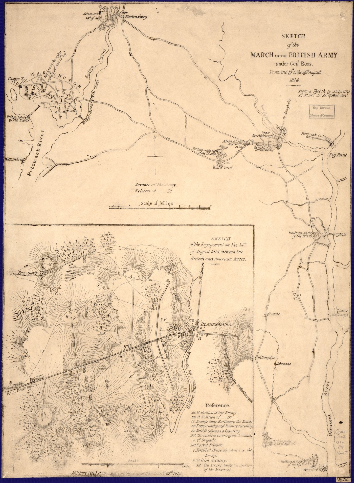 Grawerowana brytyjska mapa środkowego Marylandu z rzeką Patuxent po prawej i Waszyngtonem w lewym górnym rogu; zaznaczona trasa armii z Benedict przez Nottingham i Upper Marlborough do Bladensburga, a w lewym dolnym rogu duża wstawka z liniami bitwy na pagórkowatym, kreskowanym terenie na zachód od miasteczka