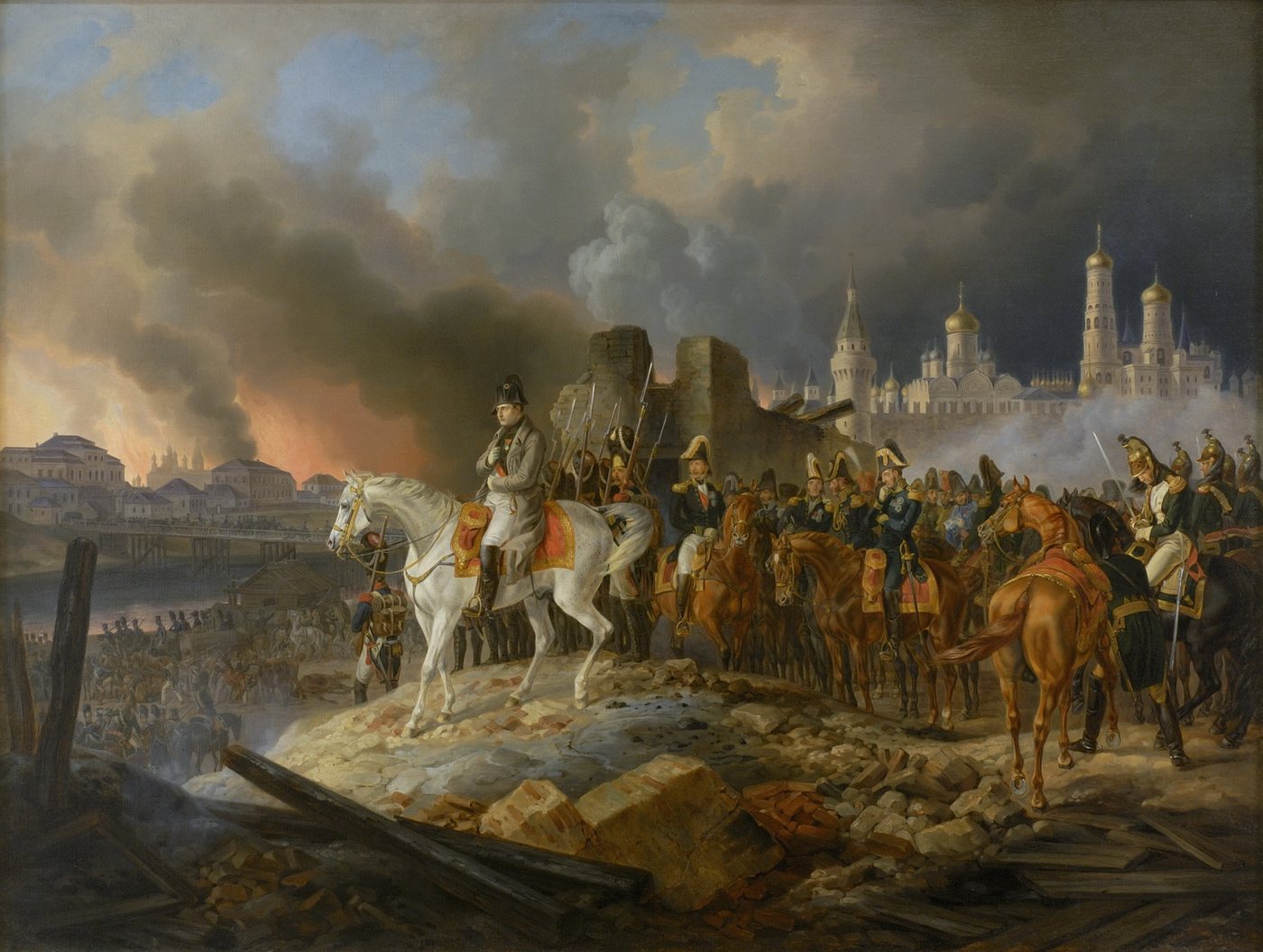 Painting of Napoleon on a white horse with his staff before the burning Kremlin
