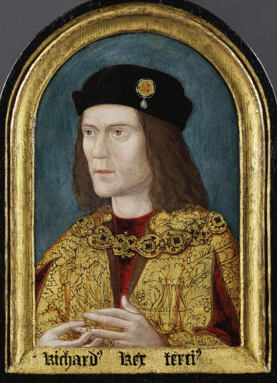 Portret Ryszarda III na desce, w czarnym berecie i złotym brokacie, poprawiającego pierścień