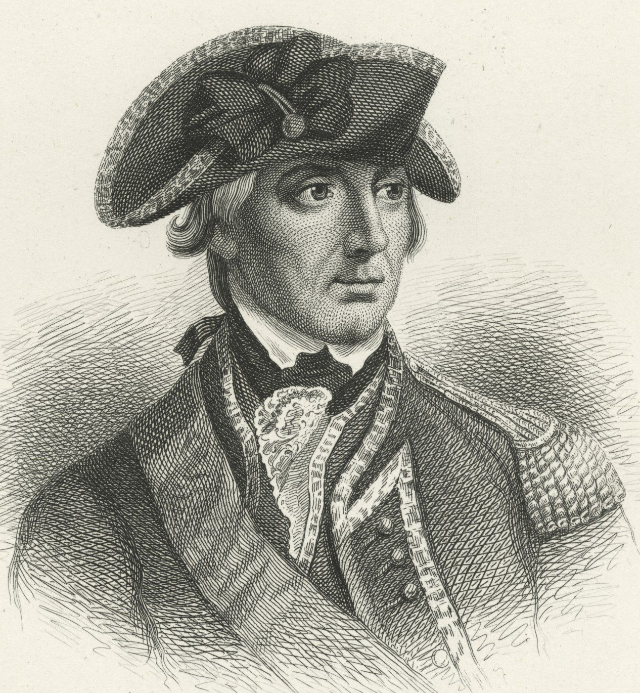 Engraved portrait of William Howe in a tricorn hat and uniform