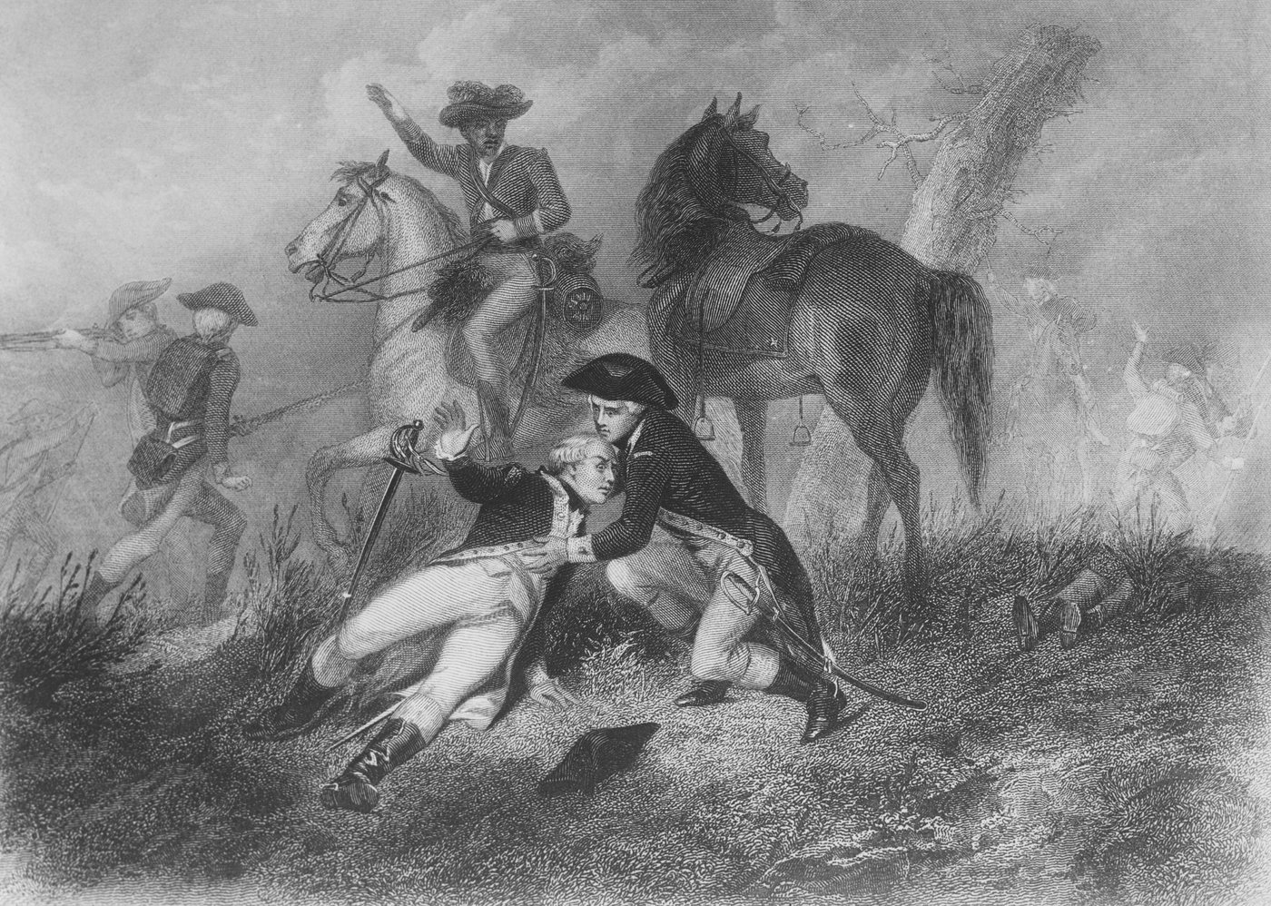 Engraving of a wounded officer supported by comrades beside horses