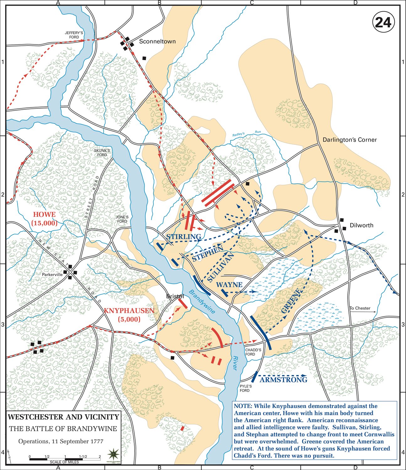 Colour map of Brandywine Creek with British and American troop movements