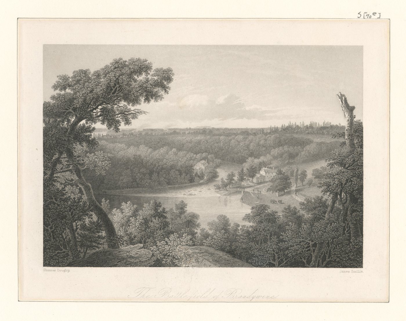 Steel engraving of a quiet wooded river valley with fields and farm buildings