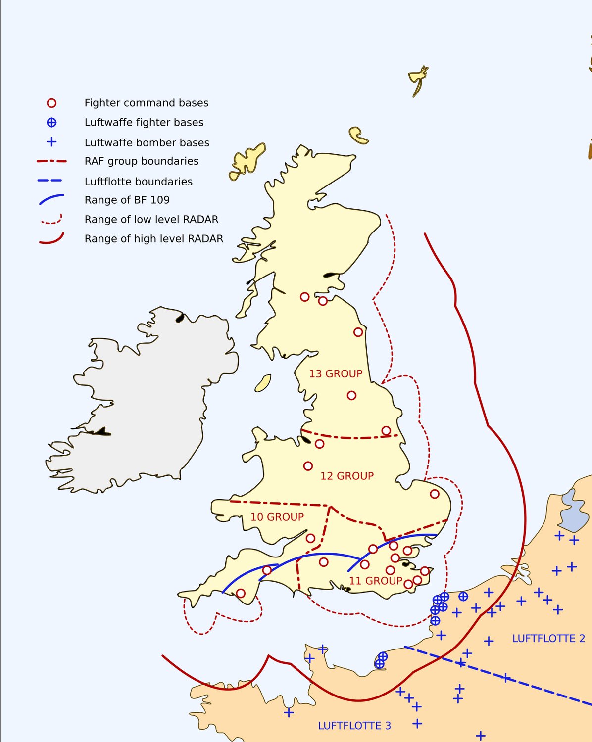Mapa południowej Brytanii i północnej Francji z grupami RAF, bazami Luftwaffe i zasięgiem radarów