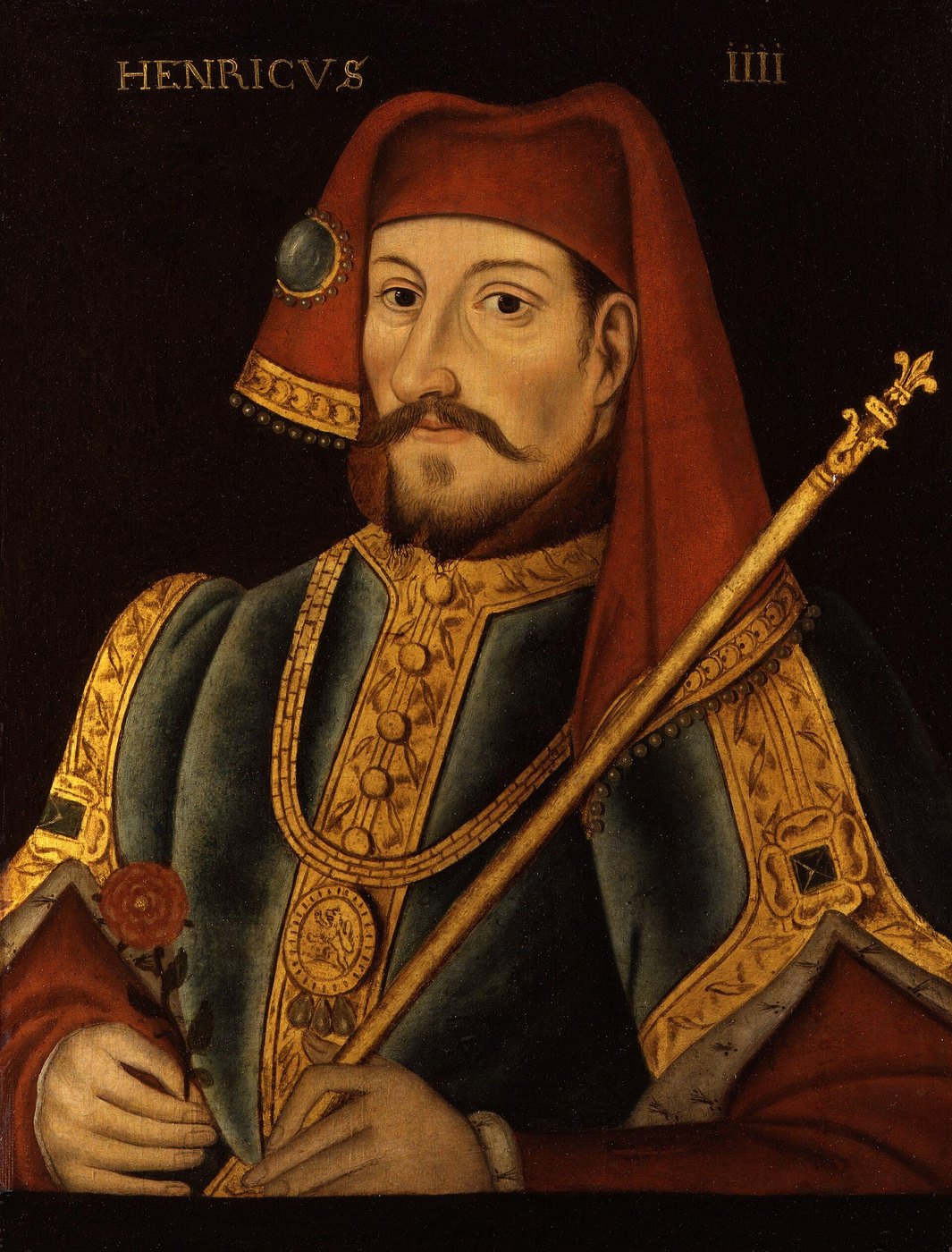 Malowany portret brodatego króla w czerwonym kapturze i szacie haftowanej złotem, z berłem i czerwoną różą, z napisem Henricus IIII