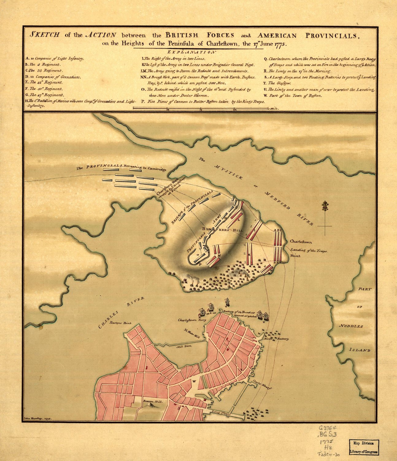 Hand-coloured 1775 map of the Charlestown peninsula and Boston during the Battle of Bunker Hill