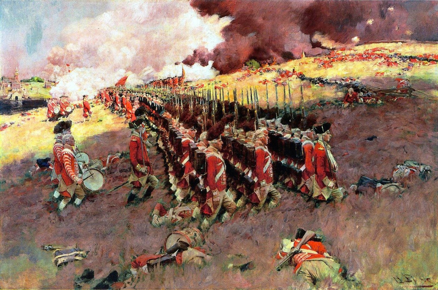 Painting of red-coated British infantry marching in line up a grassy slope under smoke