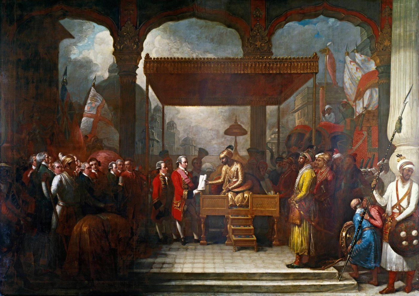 Painting of the Mughal emperor under a canopy handing a scroll to a British officer