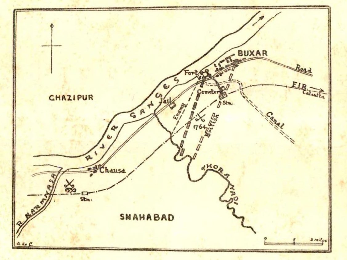 Simple printed map of the Ganges at Buxar with the battlefield marked 1764