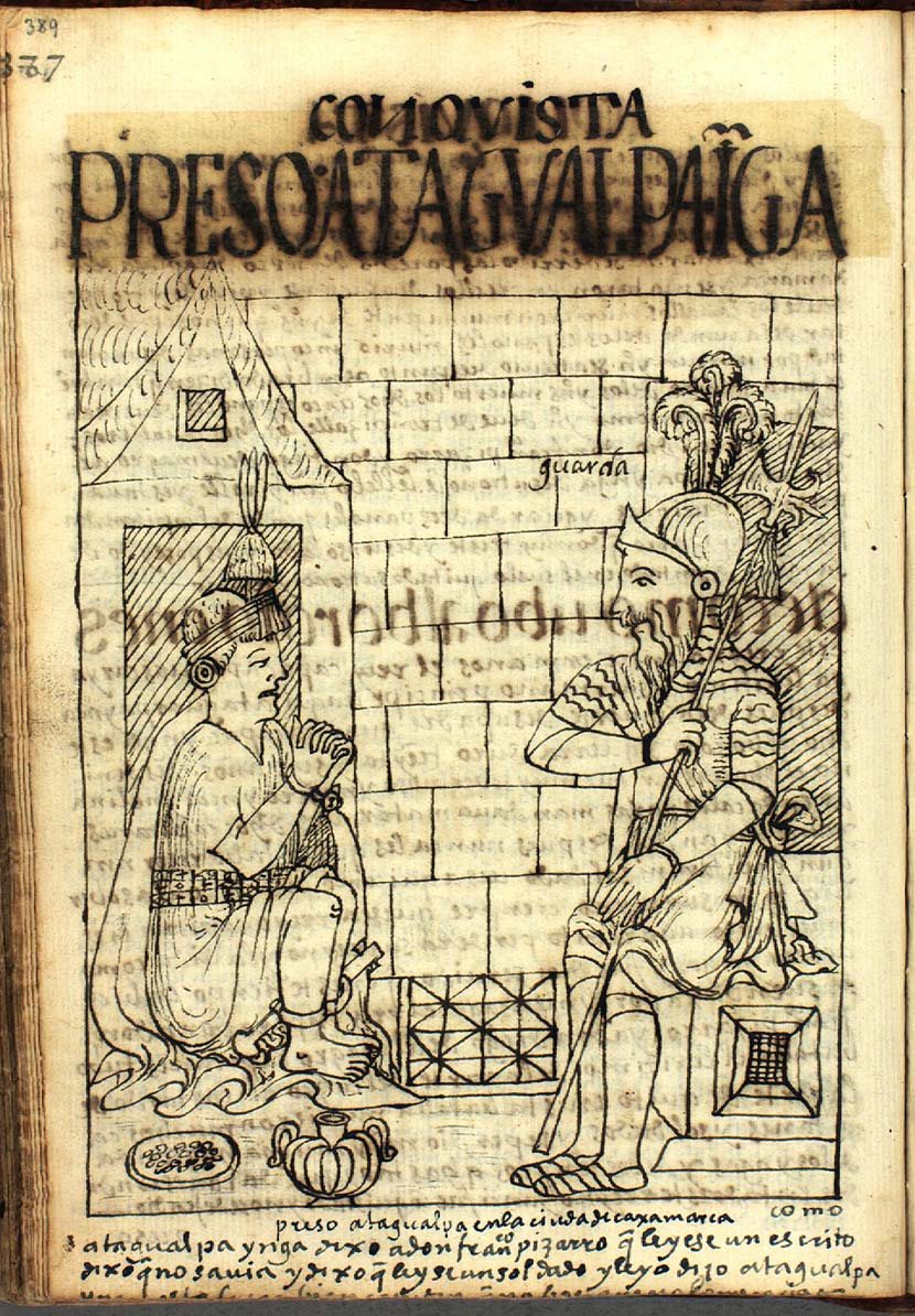 Pen drawing of a captive Inca ruler seated in a stone room with a guard