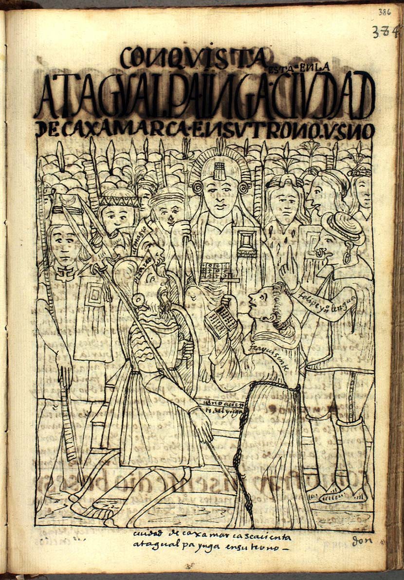 Pen drawing of an Inca ruler on a throne surrounded by attendants, facing Spaniards and a friar
