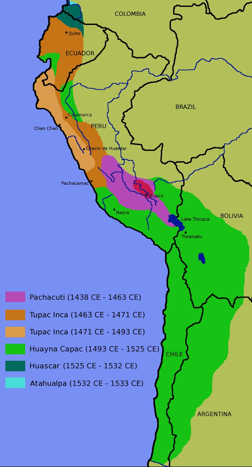 Map of western South America showing the expansion of the Inca Empire in coloured stages