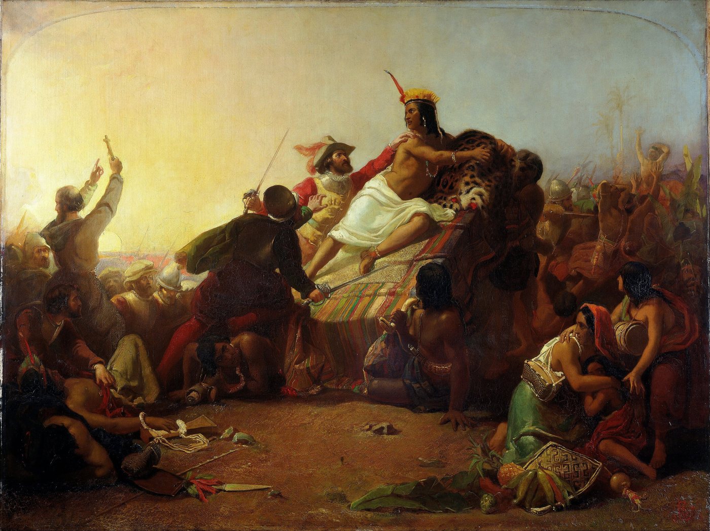 Painting of Spanish soldiers pulling an Inca emperor from his litter amid a panicked crowd