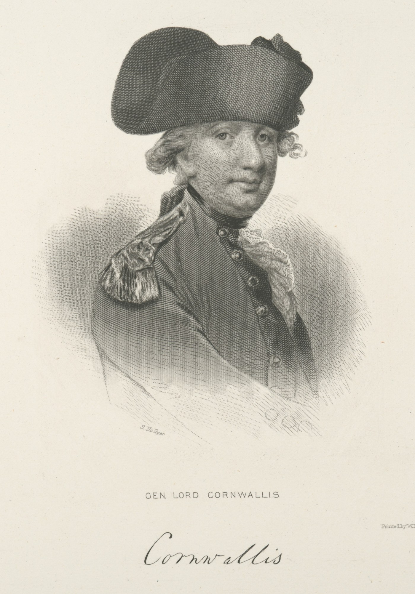 Engraved head-and-shoulders portrait of a plump officer in a cocked hat and a uniform coat with an epaulet, above the printed title Gen. Lord Cornwallis and his signature