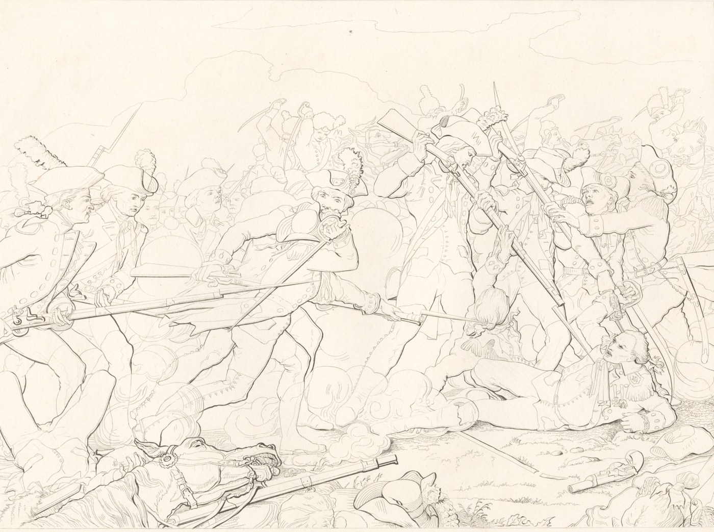 Pen outline drawing of a crowded melee: British soldiers in cocked hats and grenadier caps thrust bayonets at a fallen officer lying on the ground at right while other soldiers try to fend them off, a dead horse and dropped muskets in the foreground