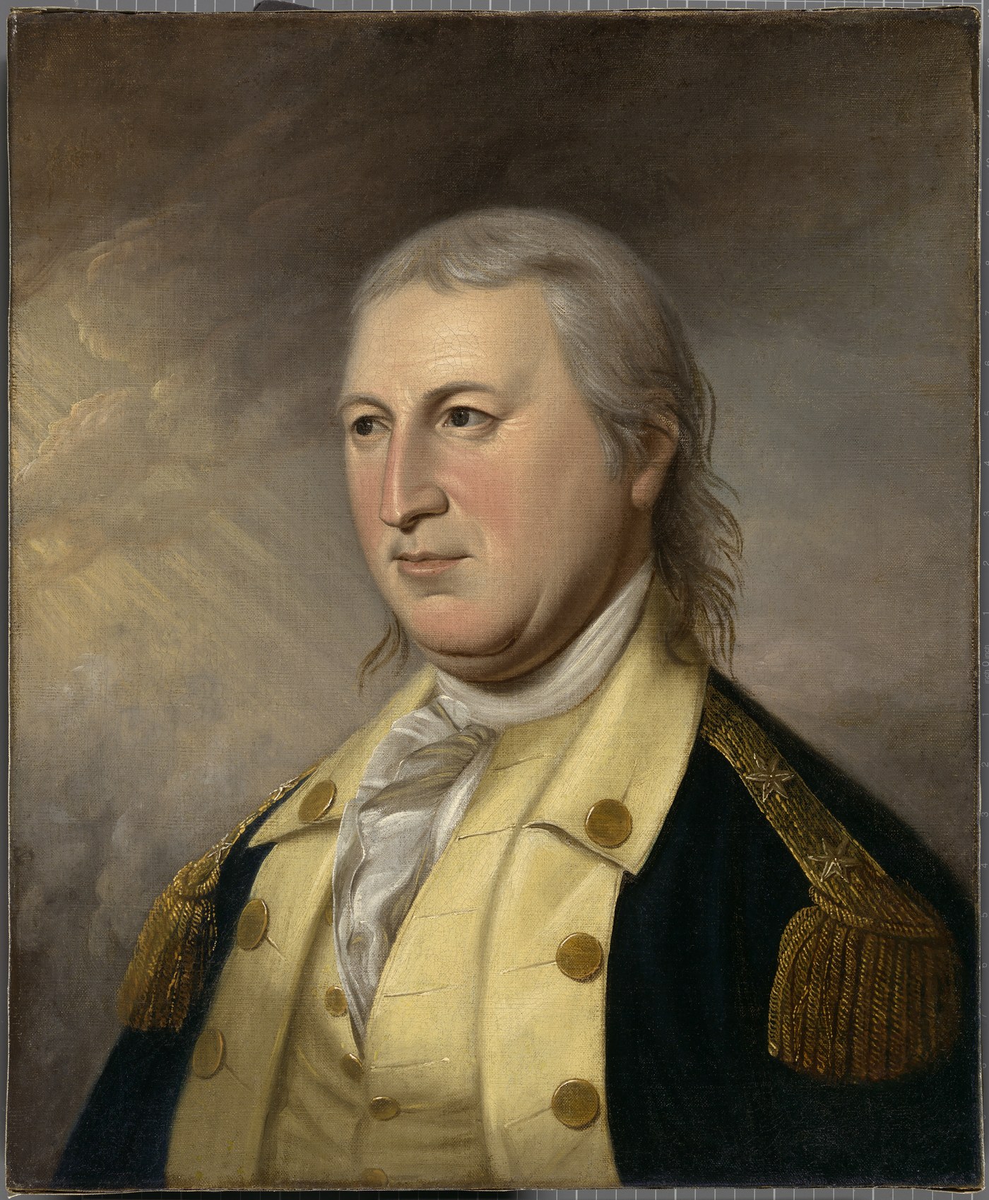 Oil portrait of a heavy-set man with gray hair worn long, in a blue coat with buff facings and gold epaulets over a buff waistcoat and white stock, against a cloudy sky