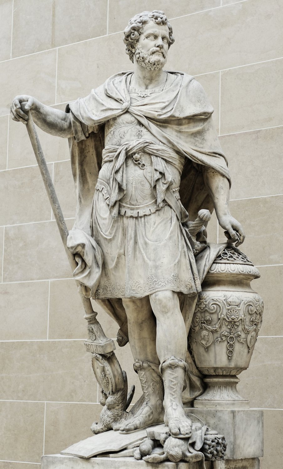 Marble statue of Hannibal in armor holding rings in his hand