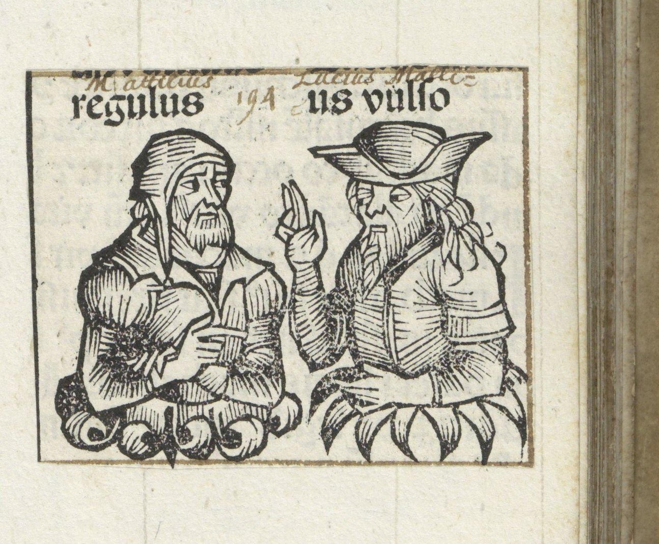 Hand colored woodcut of two bearded men shown from the waist up, rising out of flower cups: on the left a man in a hood with his hand on his chest, on the right a man in a broad brimmed hat raising one hand, with the printed names regulus and vulso above them and handwritten notes completing the names