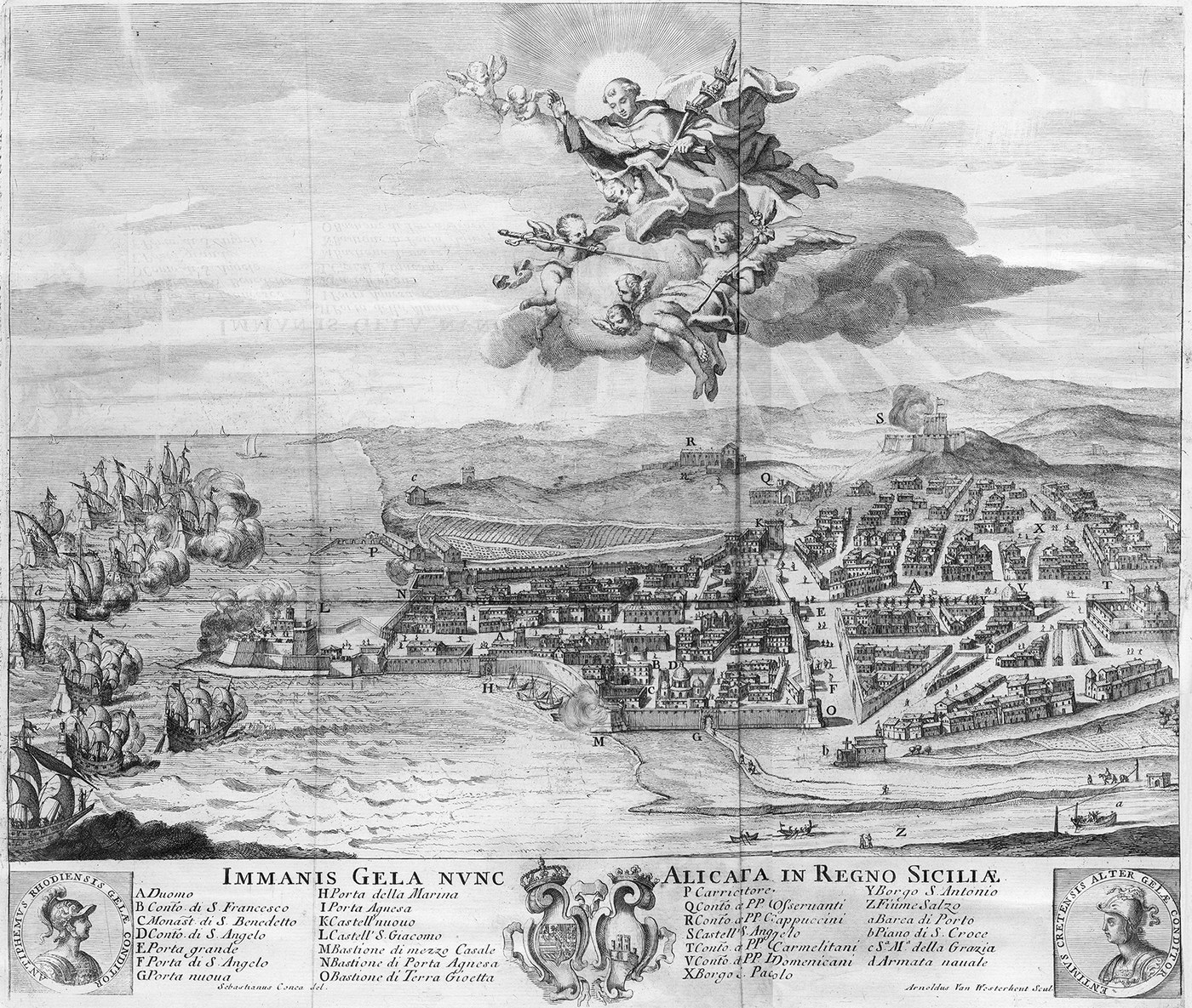 Black and white eighteenth century engraving of a walled coastal town seen from above, with sailing warships firing their guns offshore on the left, a hill with a castle and a smoking fire behind the town, a saint carried by angels in the clouds, and a lettered key with two portrait medallions along the bottom