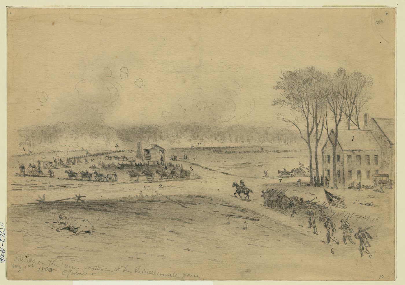 Pencil sketch of troops and horsemen around a large brick house under fire