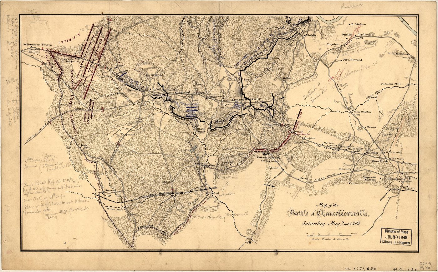 Hand-drawn 1863 map of roads and woods around Chancellorsville with troop positions