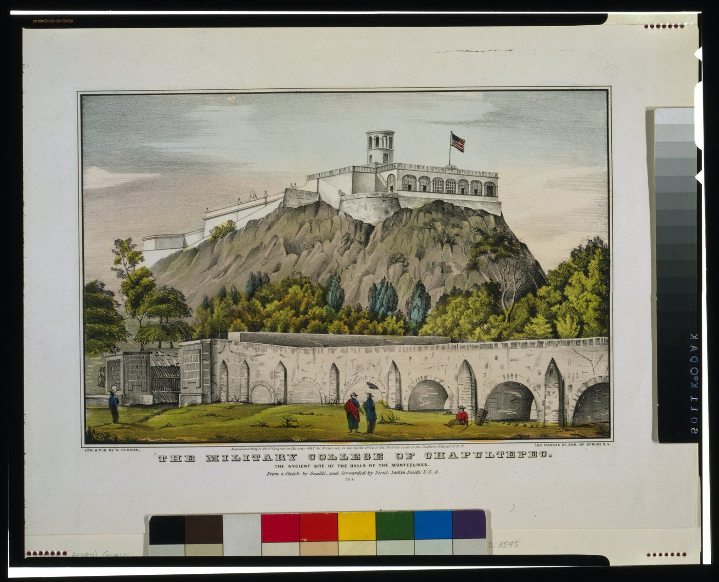 Hand-coloured lithograph of a castle on a rocky wooded hill above an arched wall
