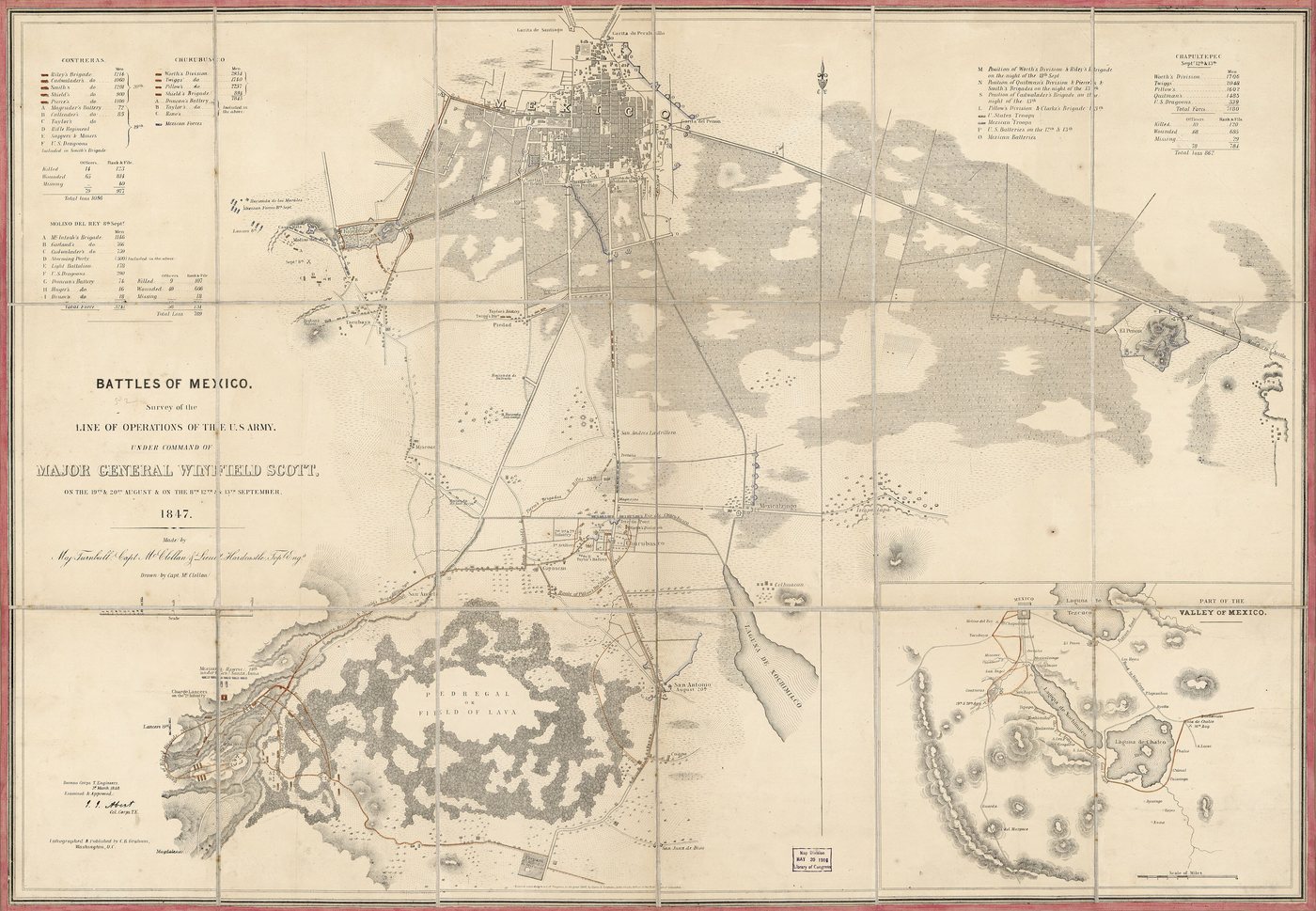 1848 survey map of Mexico City and its southern and western approaches with troop routes