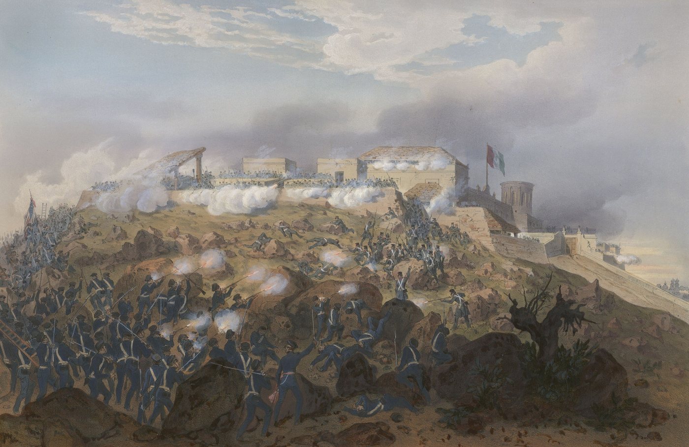 Lithograph of American infantry climbing the slope and walls of Chapultepec castle in smoke