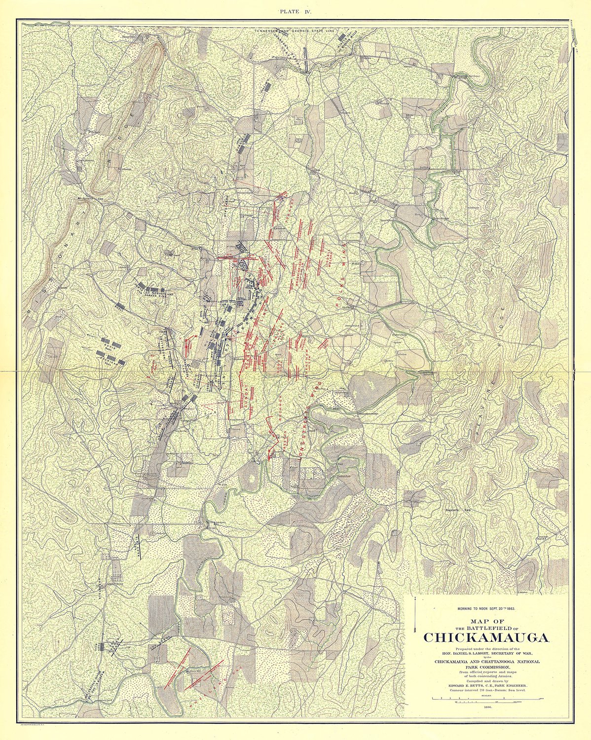 Szczegółowa barwna mapa pola bitwy pod Chickamauga z niebieskimi i czerwonymi pozycjami oddziałów