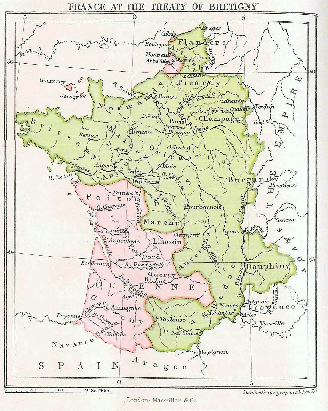 Kolorowa mapa historyczna zatytułowana France at the Treaty of Bretigny, z angielskimi ziemiami Calais, Ponthieu, Poitou i Gujenną zaznaczonymi na różowo