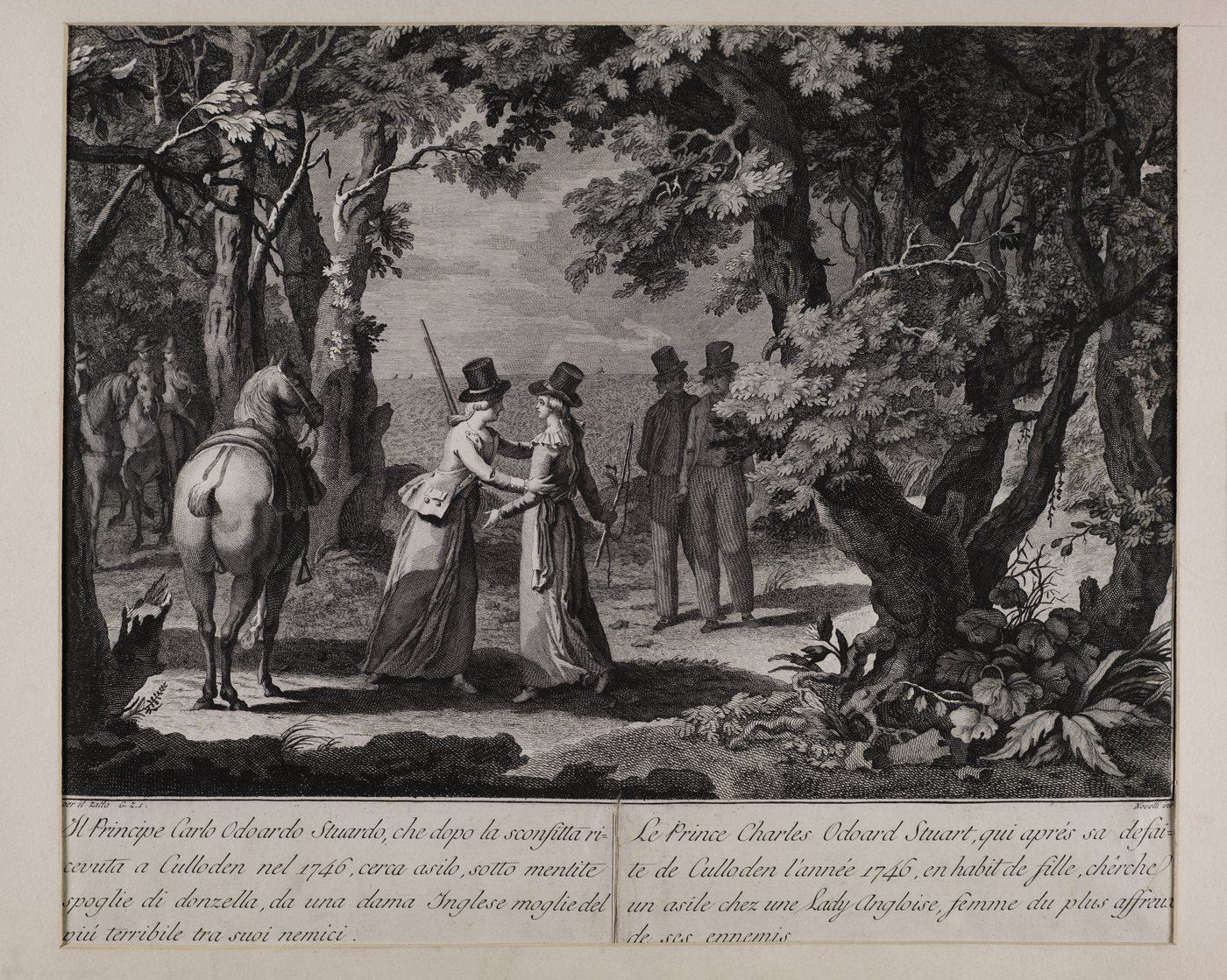 Engraving of two women and two men meeting in a forest with a horse nearby