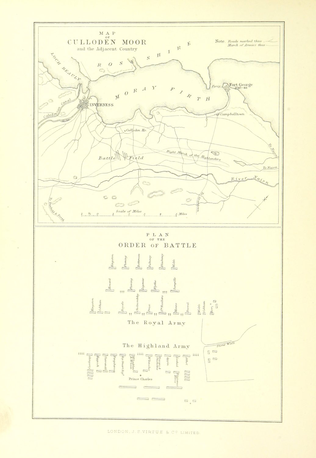 Printed map of Culloden Moor and Inverness above a diagram of the two armies' battle lines