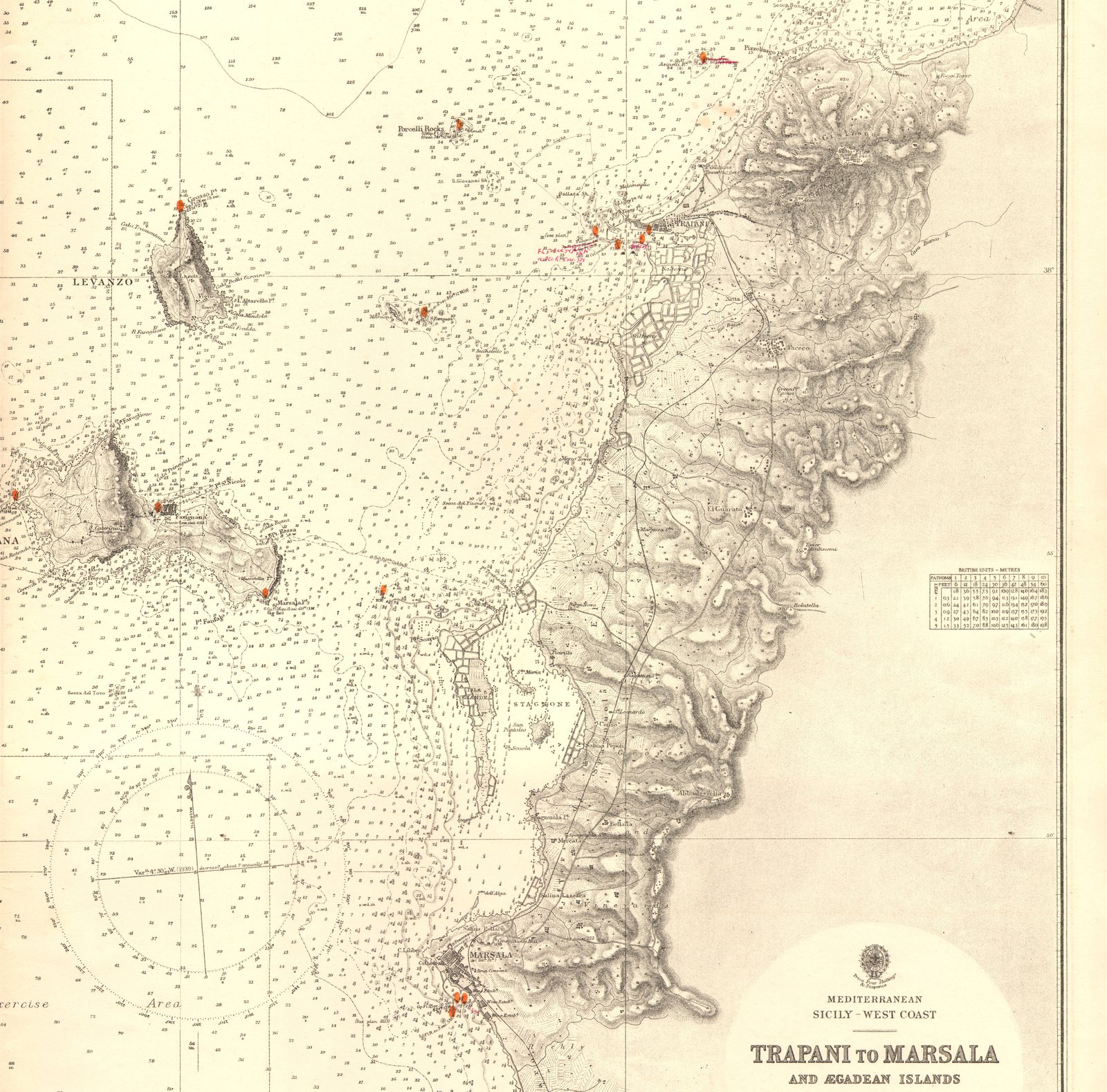 Black and white nautical chart dense with depth soundings: a hilly coast running north to south with the towns of Trapani at the top and Marsala at the bottom, the islands of Levanzo and Favignana to the west, and a title cartouche reading Trapani to Marsala
