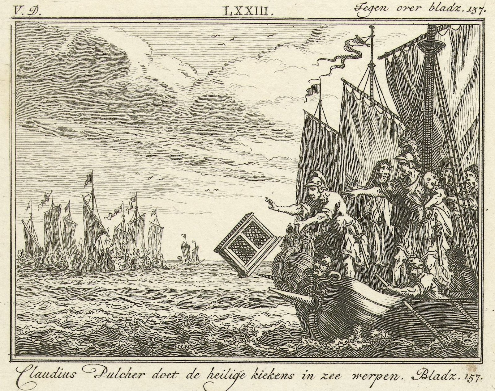 Etching of a Roman galley with a pointed ram in a choppy sea: a helmeted soldier leans over the bow to throw a lattice cage into the water while an officer in a plumed helmet points and other men look on, with a fleet under sail in the distance and a caption in Dutch below