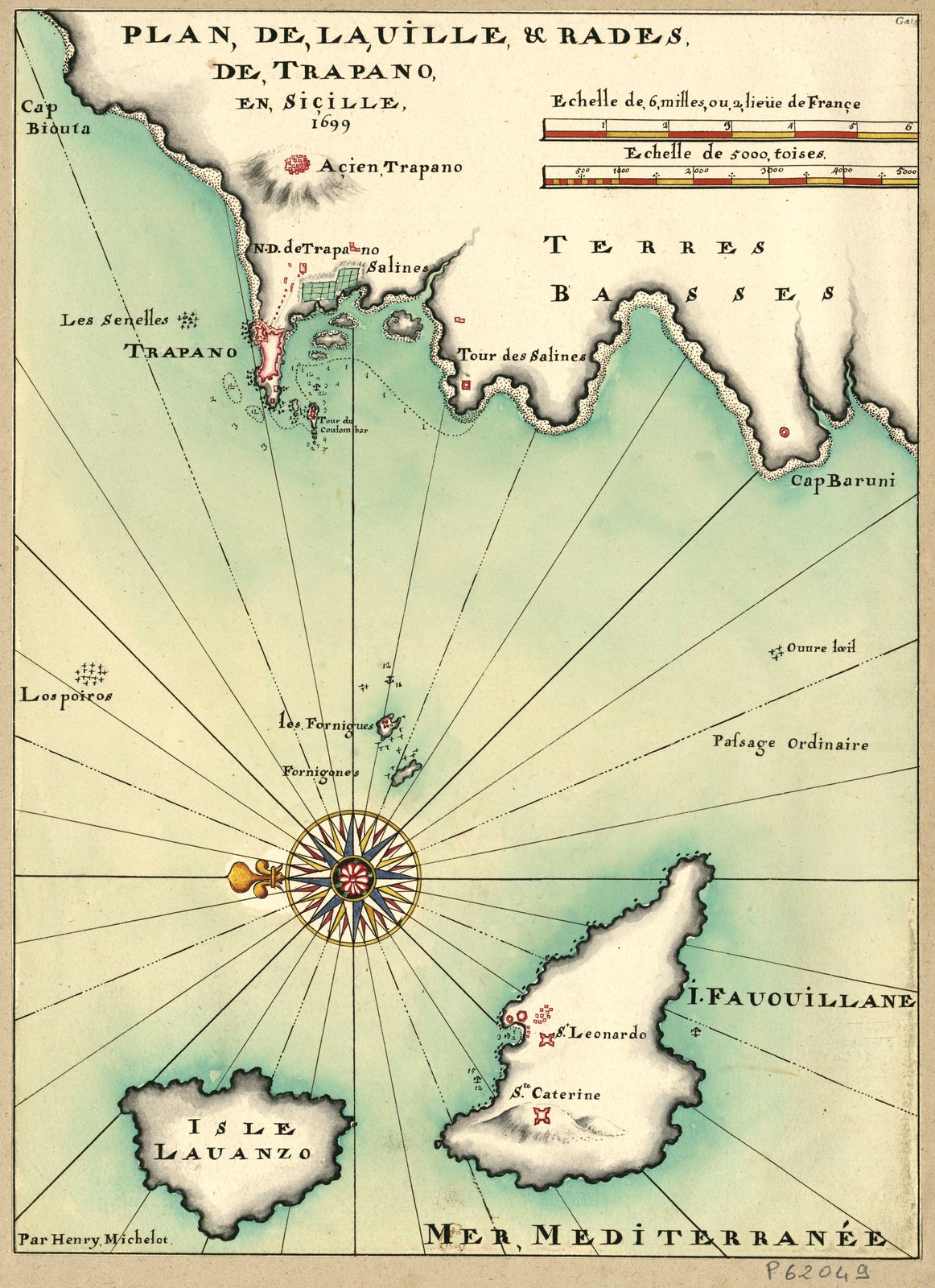 Hand-colored chart with a large compass rose: the coast of western Sicily across the top with the walled town of Trapani on a narrow point, small islands and a tower off its tip, and the islands of Favignana and Levanzo at the bottom