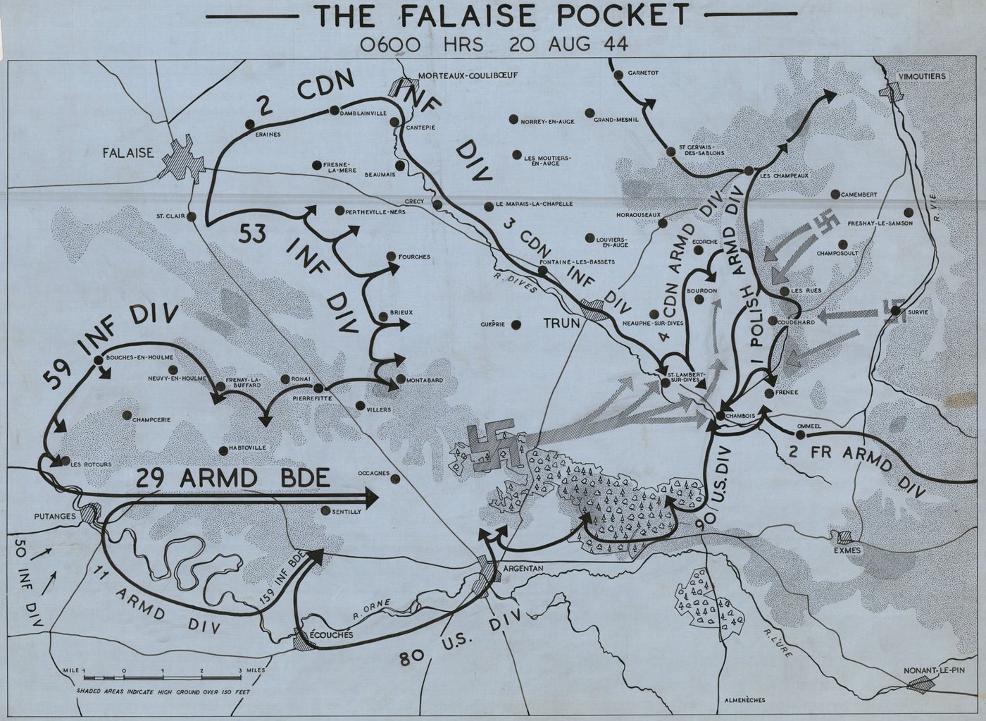 Utrzymana w błękitach mapa operacyjna kotła Falaise z 1944 roku z otaczającymi go dywizjami alianckimi