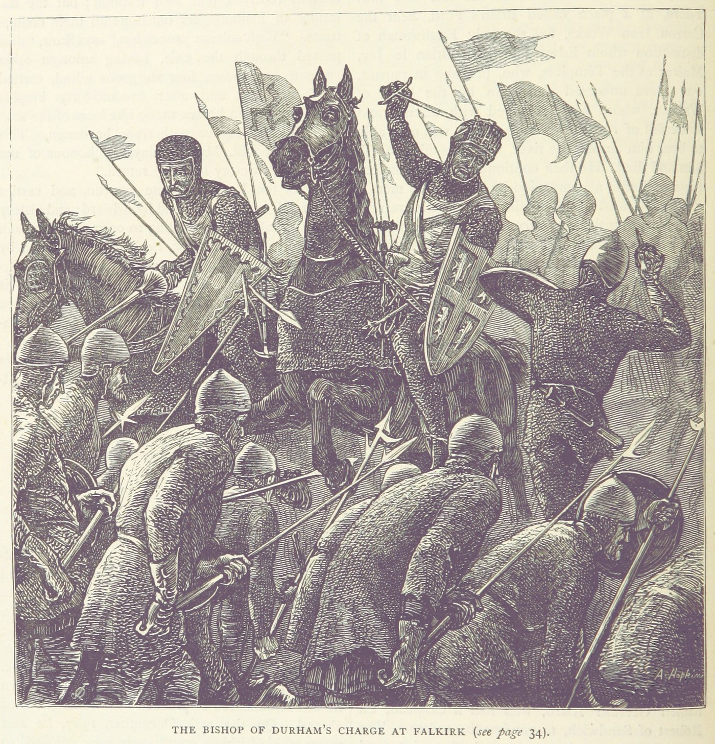 Wood engraving of armored knights on horseback with banners and shields charging into a mass of helmeted foot soldiers who brace long spears against them