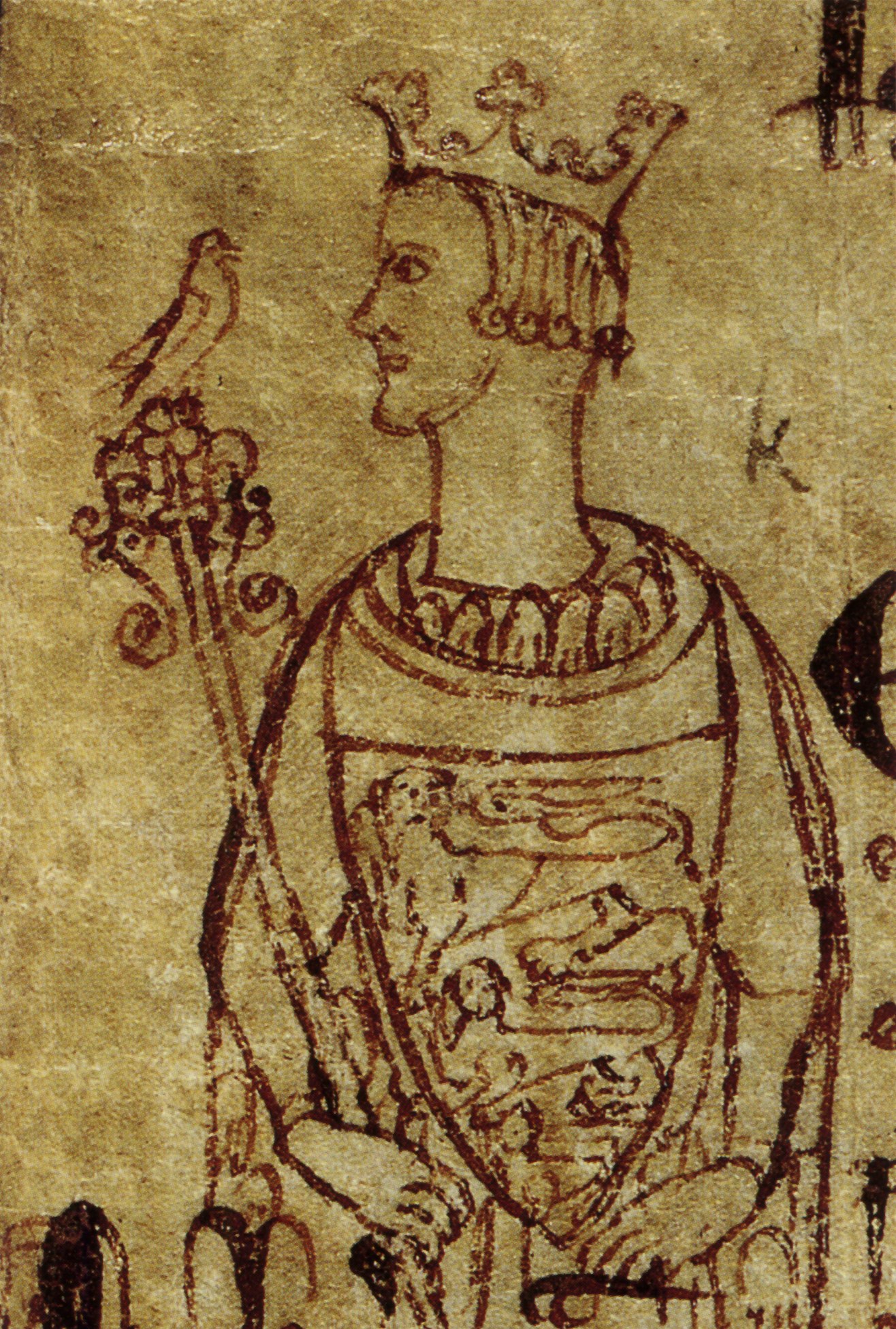 Brown ink drawing on parchment of a crowned king holding a scepter topped with a bird and a shield bearing three lions, above lines of medieval Latin handwriting