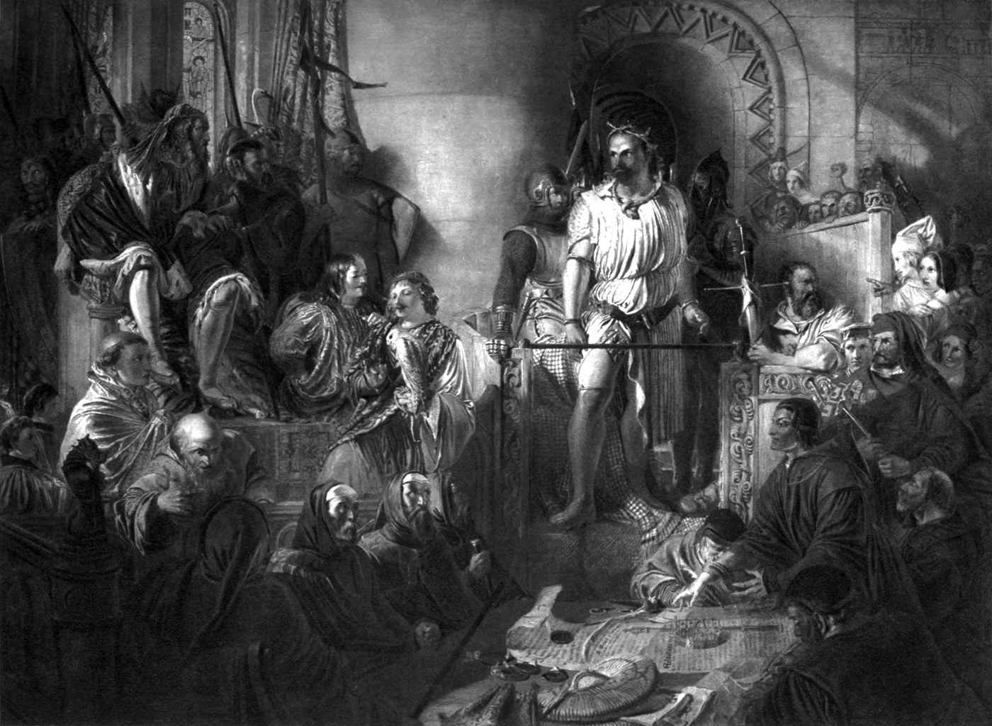 Black and white reproduction of a crowded painting: a tall prisoner wearing a mock crown of leaves stands in chains at the center of a vaulted hall, surrounded by seated judges, clerks, soldiers and onlookers