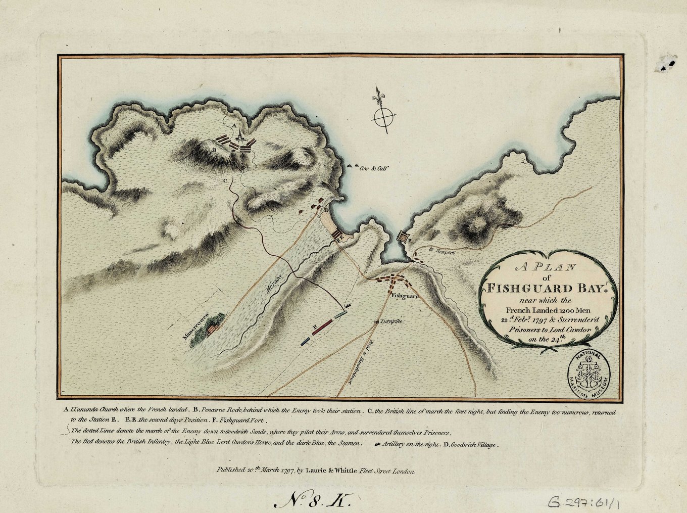 Kolorowany sztych: plan zatoki z cyplami, plażą i miasteczkiem, okręty na kotwicy, kropkowane linie marszu i kartusz z tytułem A Plan of Fishguard Bay