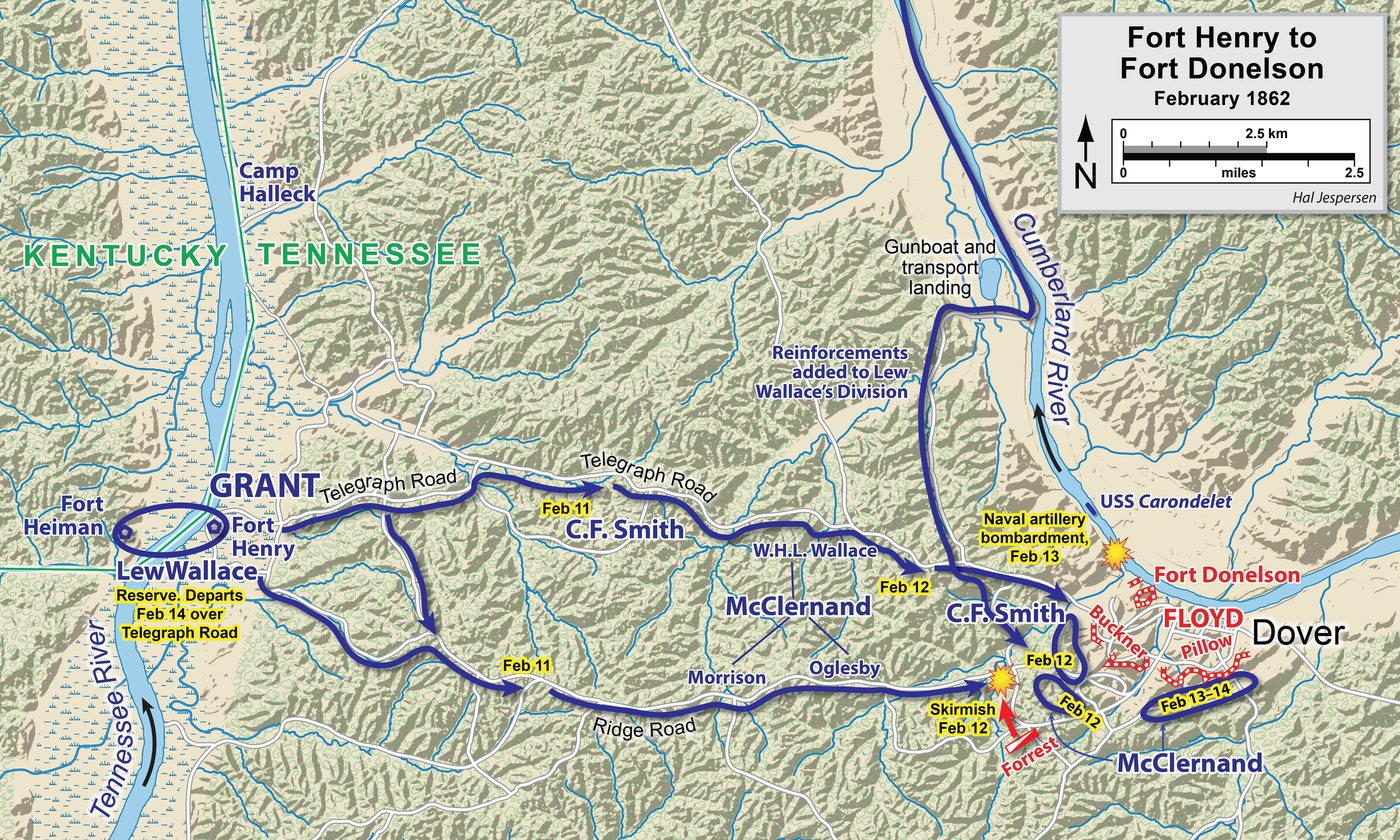 Map of western Tennessee showing the Union march from Fort Henry to Fort Donelson