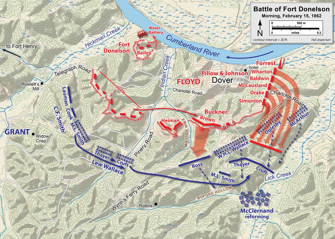 Battle map of Fort Donelson with the Confederate attack on the Union right flank