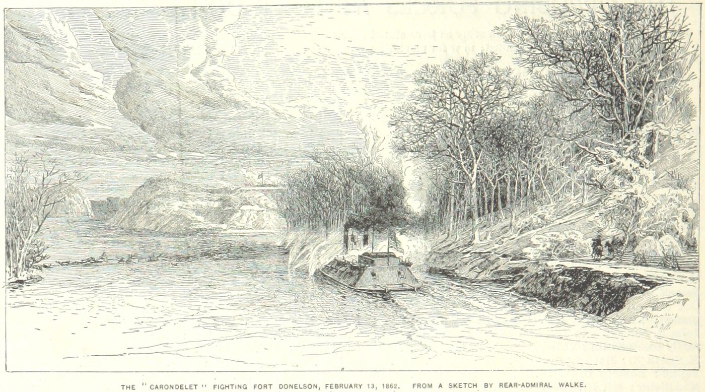 Engraving of an ironclad river gunboat firing amid smoke below a wooded bluff