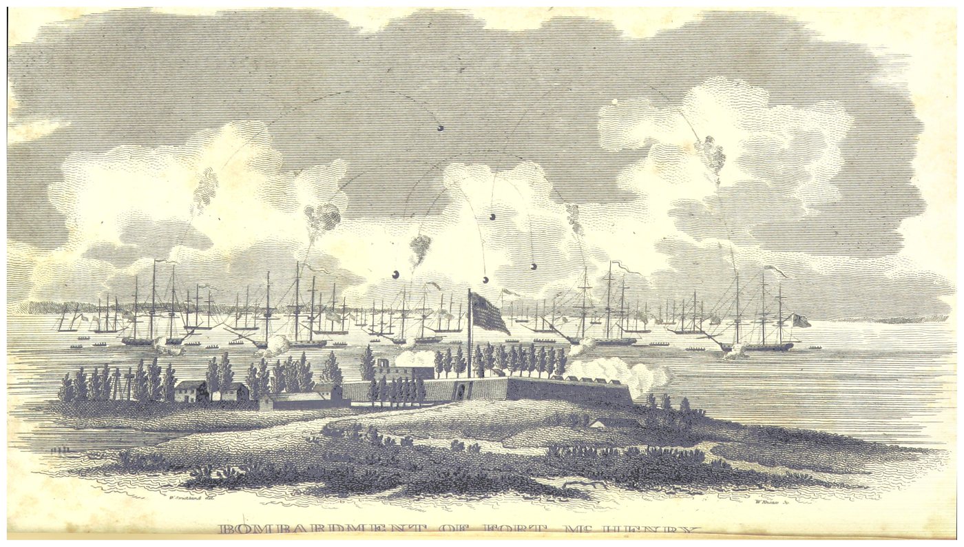 Engraving of warships firing on a low star fort flying a large flag