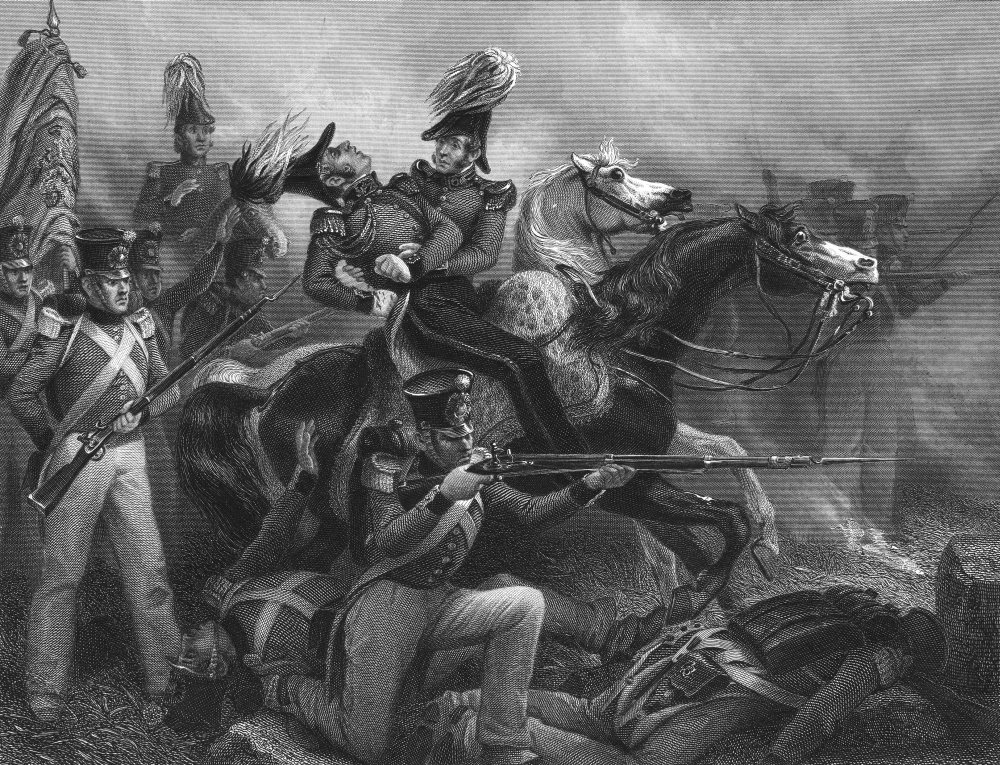 Engraving of a British general falling from his horse as American riflemen fire