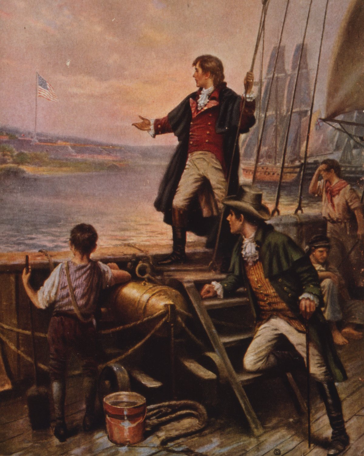 Painting of a man on a ship's deck stretching his arm toward a distant flag over a fort