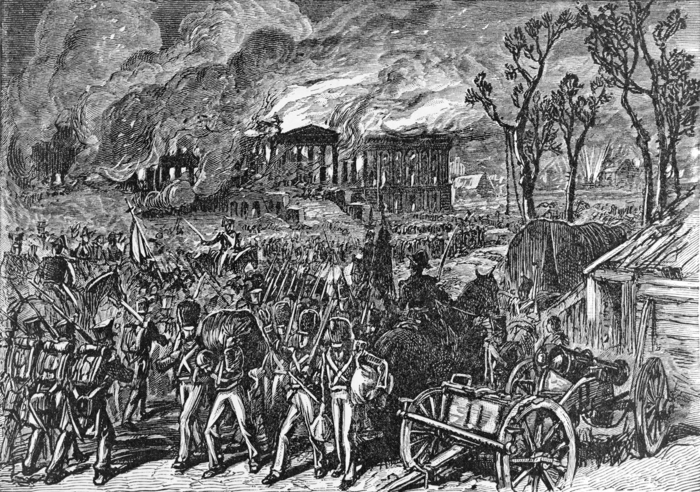 Engraving of British troops marching past burning government buildings in Washington