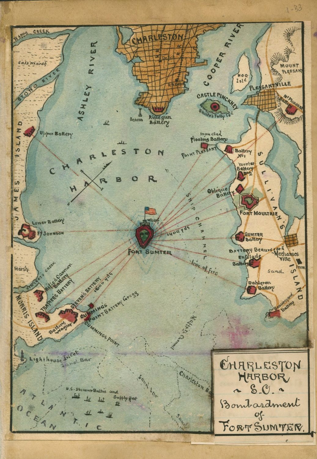 Hand-drawn map of Charleston Harbor with Fort Sumter in the center and batteries on the shore